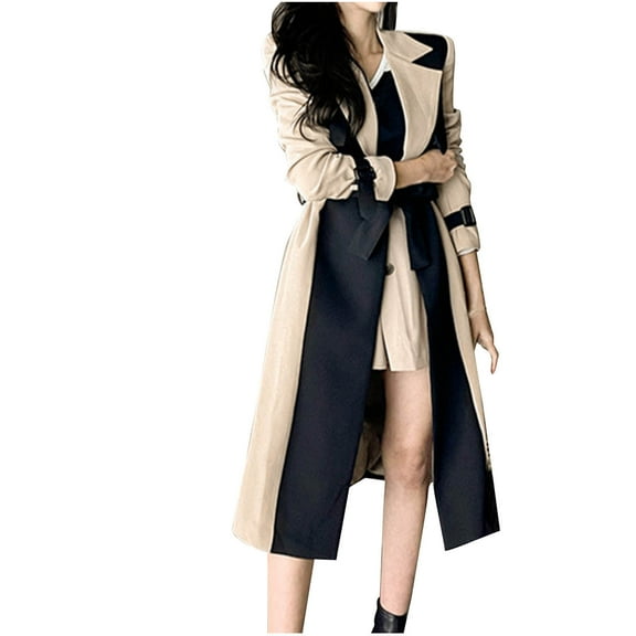 TFEOQRY Fashion Women's Color Block Lapel Long Coat Casual Comfortable Color Match Long Sleeve Button Hoodless Turndown Neck Outerwear Coat Top with Pockets Khaki