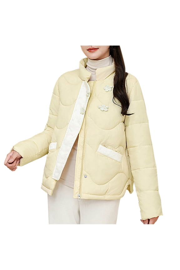 Fashion Women's Short Padded Coats Casual Long Sleeve Solid Color Button Parkas with Pockets Ladies Tops Blouse Coat Outwear Jacket Yellow