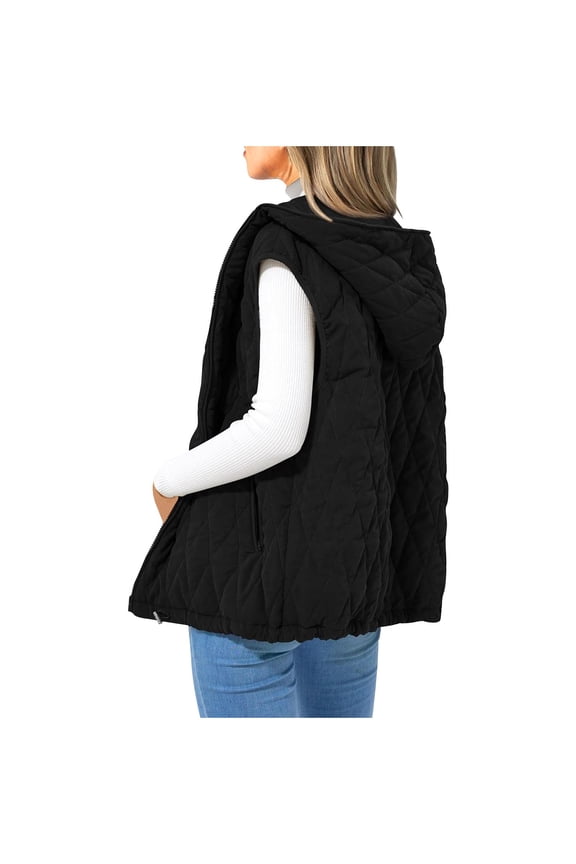 Fashion Women's Thermal Vest Solid Color Cotton Outwear Zipper Sleeveless Tank Top Hooded Jacket with Pockets Draw Rope Black