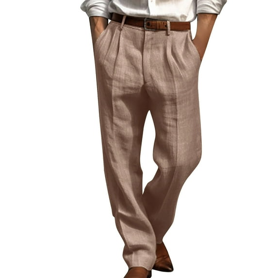 TFEOQRY Full Length Pants for Men Solid Color Casual Straight Pants with Pockets Medium Waist Trousers Khaki
