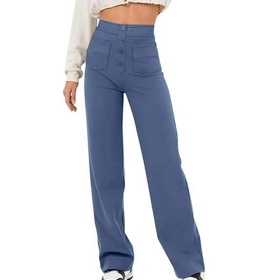 TFEOQRY Full Length Pants for Women Solid Color Elastic Waistband Pants with Pockets High Waisted Trousers Blue