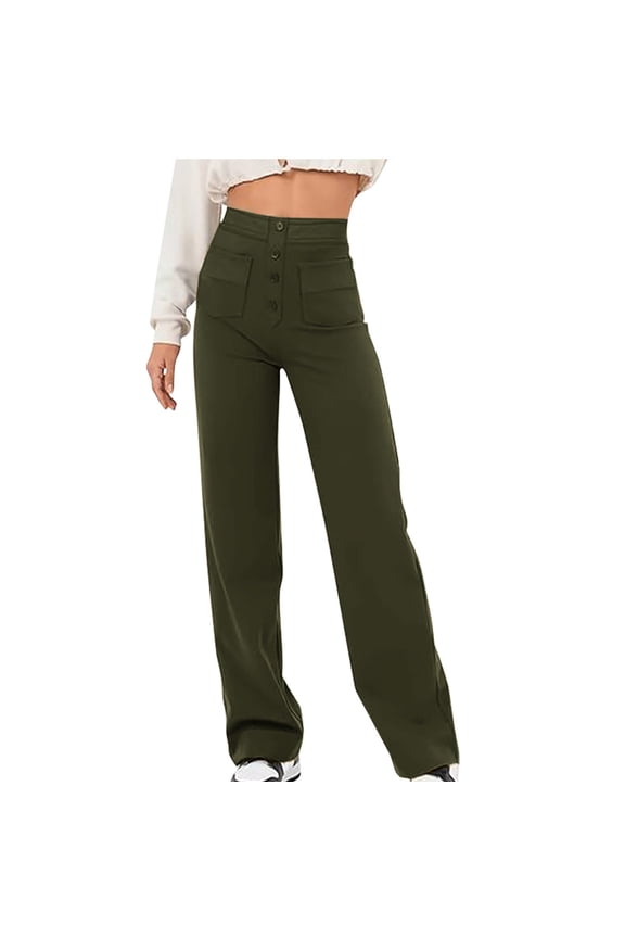 Full Length Pants for Women Solid Color Elastic Waistband Pants with Pockets High Waisted Trousers Olive Green