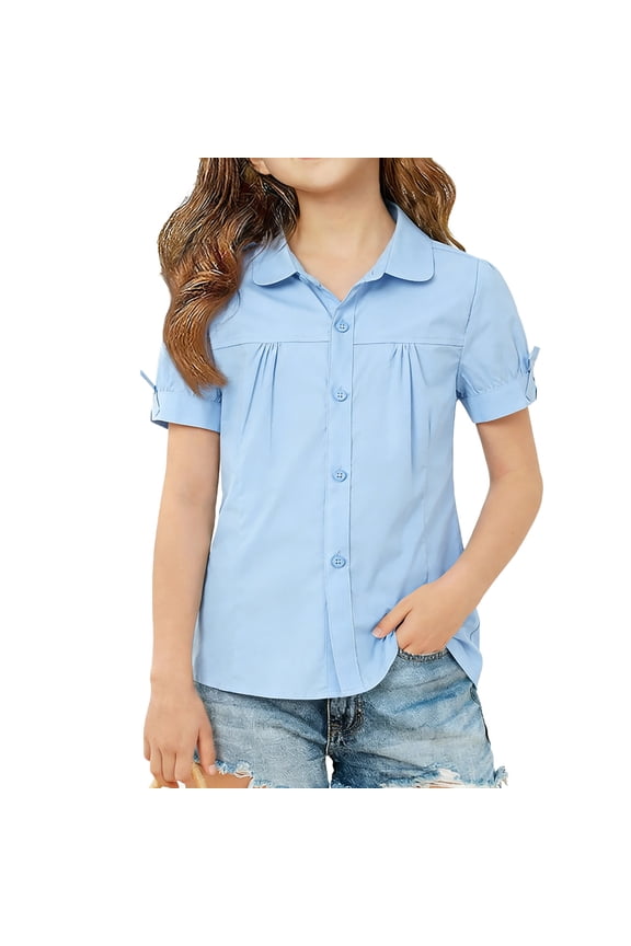 Girls Cotton Collared Blouse Button Down Pleated Bust Bow Cuff Short Sleeve Preppy School Uniform Top