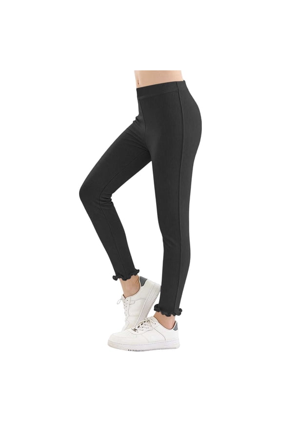 Girls Ruffle Leggings Ribbed Knit Ice Silk Summer Casual Athletic Base Layer Pants