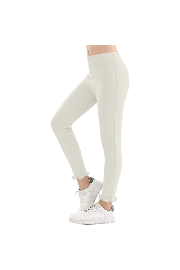 Girls Ruffle Leggings Ribbed Knit Ice Silk Summer Casual Athletic Base Layer Pants