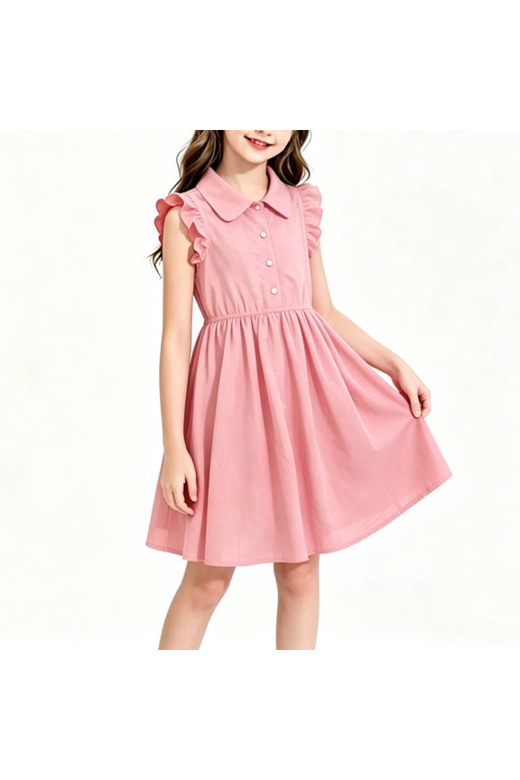 Girls' Ruffle Sleeveless Collared Summer Jumper Dress Elastic Waist Button Down A Line Princess Dresses