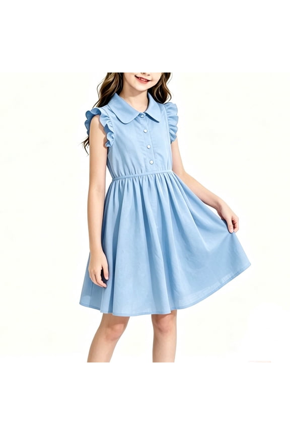 Girls' Ruffle Sleeveless Collared Summer Jumper Dress Elastic Waist Button Down A Line Princess Dresses