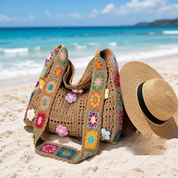 Deeceymbur Handmade Knitted Shoulder Bag With Colorful Floral Strap Woven Bag For Summer