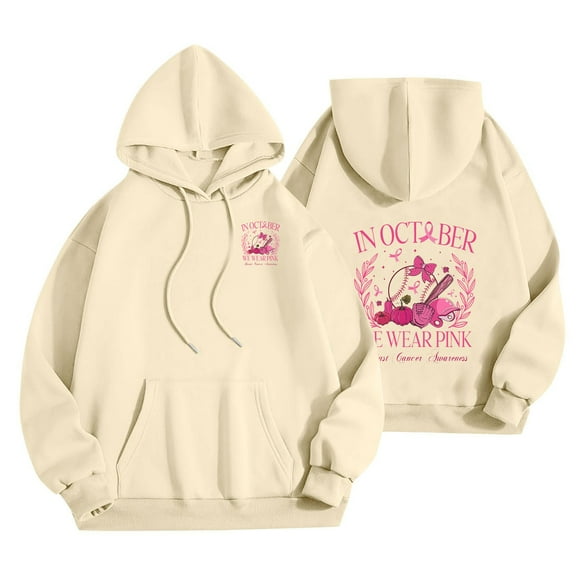 TFEOQRY Hooded Sweatshirts for Women Autumn and Winter Loose Breast Cancer Related Letter Printed Pullover Long Sleeve Hooded Tops Sweatshirt Beige