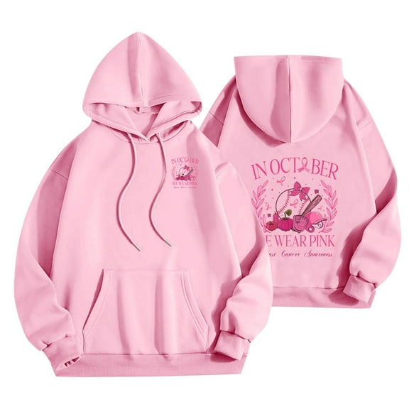 TFEOQRY Hooded Sweatshirts for Women Autumn and Winter Loose Breast Cancer Related Letter Printed Pullover Long Sleeve Hooded Tops Sweatshirt Pink
