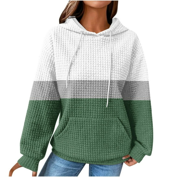 TFEOQRY Hooded Sweatshirts for Women Color Blocked Striped Pullover with Pockets Long Sleeve Hooded Tops Sweatshirt Olive Green