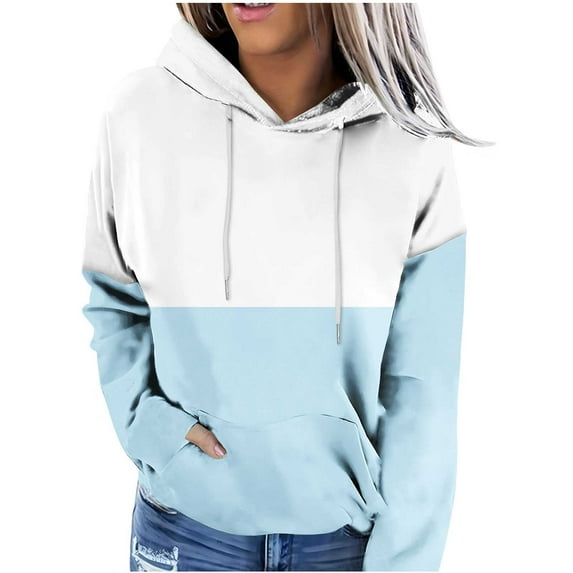 TFEOQRY Hooded Sweatshirts for Women Fashion Color Blocked Loose Pullover Long Sleeve Hooded Tops Sweatshirt Light Blue