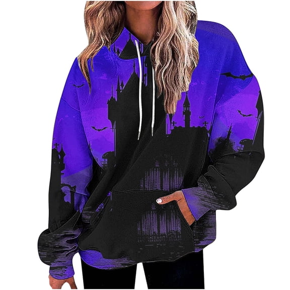 TFEOQRY Hooded Sweatshirts for Women Loose Halloween Related Printed Pullover Long Sleeve Hooded Tops Sweatshirt Blue