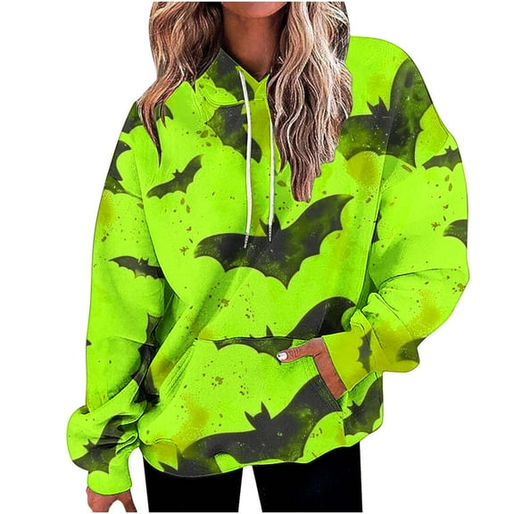 TFEOQRY Hooded Sweatshirts for Women Loose Halloween Related Printed Pullover Long Sleeve Hooded Tops Sweatshirt Green