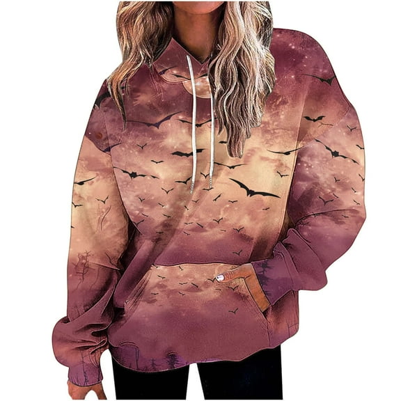 TFEOQRY Hooded Sweatshirts for Women Loose Halloween Related Printed Pullover Long Sleeve Hooded Tops Sweatshirt Hot Pink
