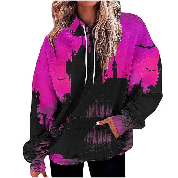 TFEOQRY Hooded Sweatshirts for Women Loose Halloween Related Printed Pullover Long Sleeve Hooded Tops Sweatshirt Hot Pink