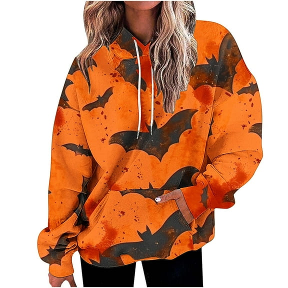 TFEOQRY Hooded Sweatshirts for Women Loose Halloween Related Printed Pullover Long Sleeve Hooded Tops Sweatshirt Orange