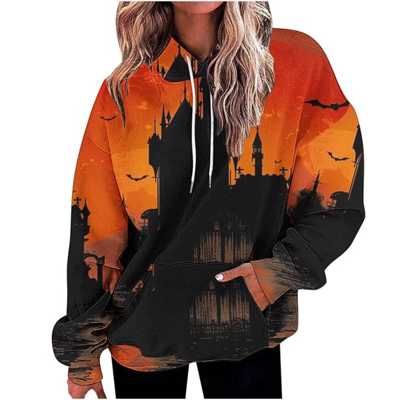 TFEOQRY Hooded Sweatshirts for Women Loose Halloween Related Printed Pullover Long Sleeve Hooded Tops Sweatshirt Orange