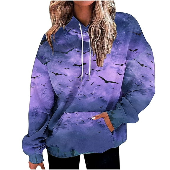 TFEOQRY Hooded Sweatshirts for Women Loose Halloween Related Printed Pullover Long Sleeve Hooded Tops Sweatshirt Purple
