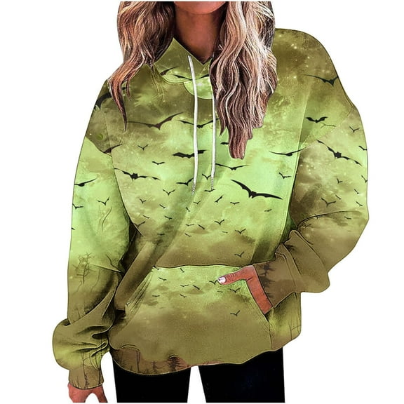 TFEOQRY Hooded Sweatshirts for Women Loose Halloween Related Printed Pullover Long Sleeve Hooded Tops Sweatshirt Yellow
