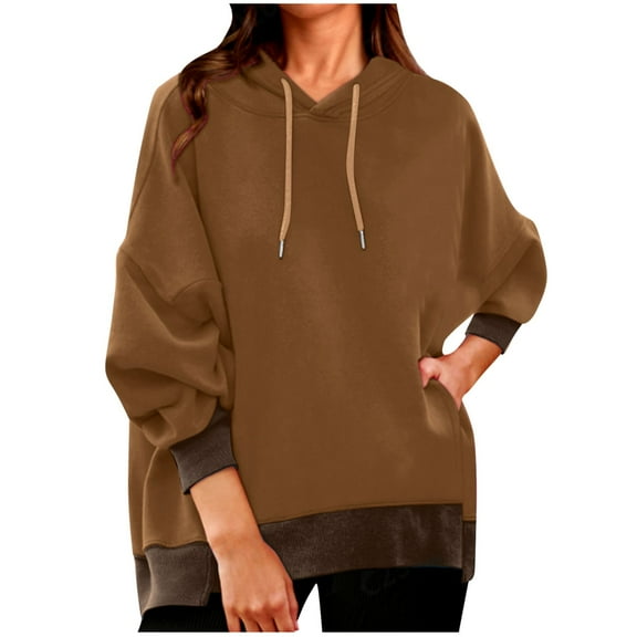 TFEOQRY Hooded Sweatshirts for Women Loose Pullover with Pockets Long Sleeve Hooded Tops Sweatshirt Brown