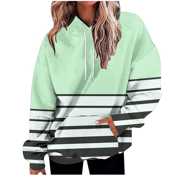 TFEOQRY Hooded Sweatshirts for Women Loose Striped Printed Pullover with Pockets Long Sleeve Hooded Tops Sweatshirt Green