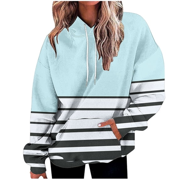 TFEOQRY Hooded Sweatshirts for Women Loose Striped Printed Pullover with Pockets Long Sleeve Hooded Tops Sweatshirt Sky Blue