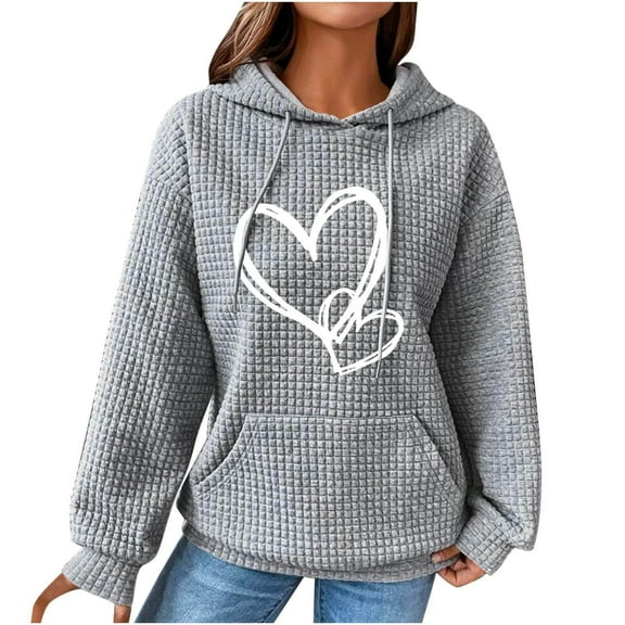 TFEOQRY Hooded Sweatshirts for Women Love Printed Pullover with Pockets Long Sleeve Hooded Tops Sweatshirt Gray