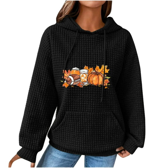 TFEOQRY Hooded Sweatshirts for Women Small Square Plaid Fabric Simple Printed Pullover with Pockets Long Sleeve Hooded Tops Sweatshirt Black