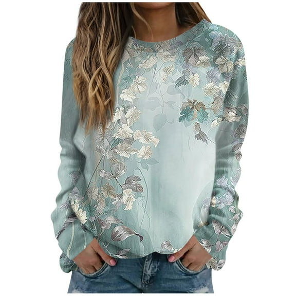 TFEOQRY Hoodless Sweatshirts for Women Casual Fashionable Printed Pullover Long Sleeve Round Neck Hoodless Sweatshirt Tops Green