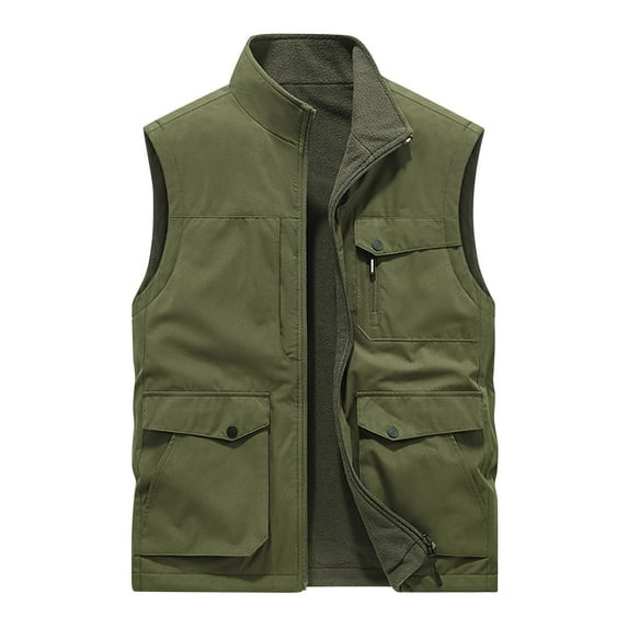 TFEOQRY Hoodless Vest for Men Double Sided Velvet Workwear Solid Color Thermal Jackets Waistcoat Sleeveless Outwear Olive Green