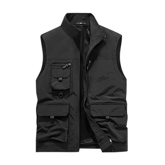 TFEOQRY Hoodless Vest for Men Solid Color Zipper Outdoor Sports Workwear Jackets Waistcoat Sleeveless Outwear Black