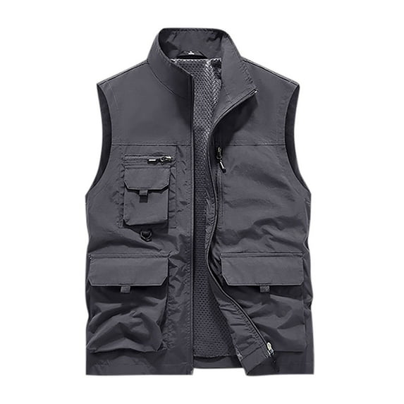 TFEOQRY Hoodless Vest for Men Solid Color Zipper Outdoor Sports Workwear Jackets Waistcoat Sleeveless Outwear Gray