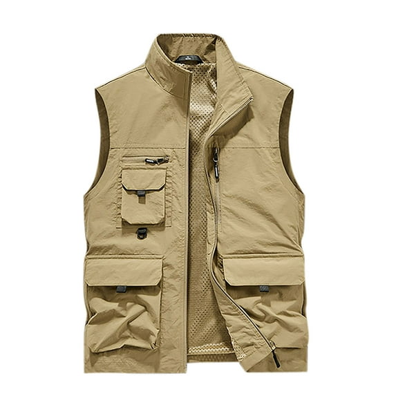 TFEOQRY Hoodless Vest for Men Solid Color Zipper Outdoor Sports Workwear Jackets Waistcoat Sleeveless Outwear Khaki