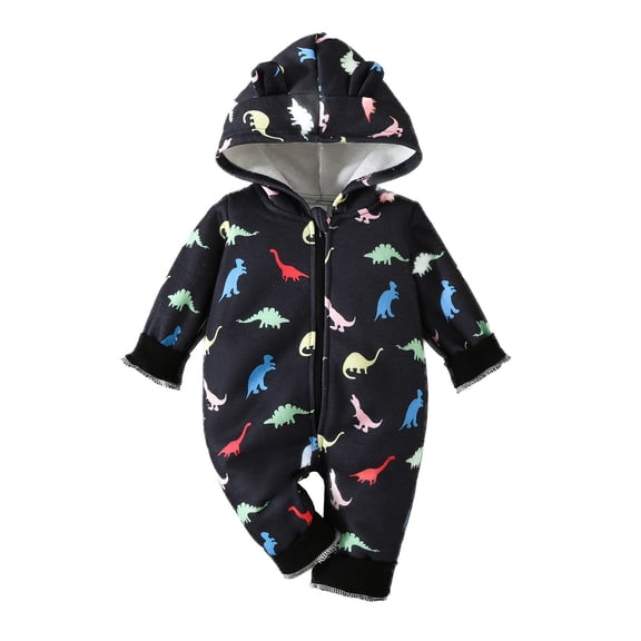 TFEOQRY Infant Boys Girls Cotton Romper Dinosaur Printed Winter Long Jumpsuit Long Sleeved Hooded Zipper Thick Style Rompers Black