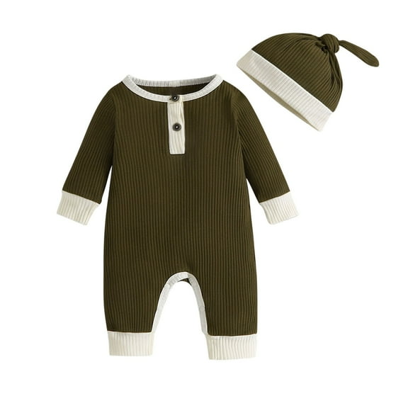 TFEOQRY Infant Boys Girls Cotton Romper Set Long Sleeve Printed Thermal Round Neck Jumpsuit Romper and Hat Set Olive Green