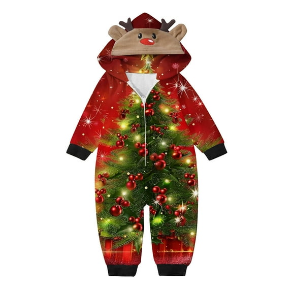 TFEOQRY Infant Christmas Pajamas for Family Cute Christmas Pattern Printed Sleep Jumpsuit Long Sleeved Hooded Onesie Pajamas Red(Baby)