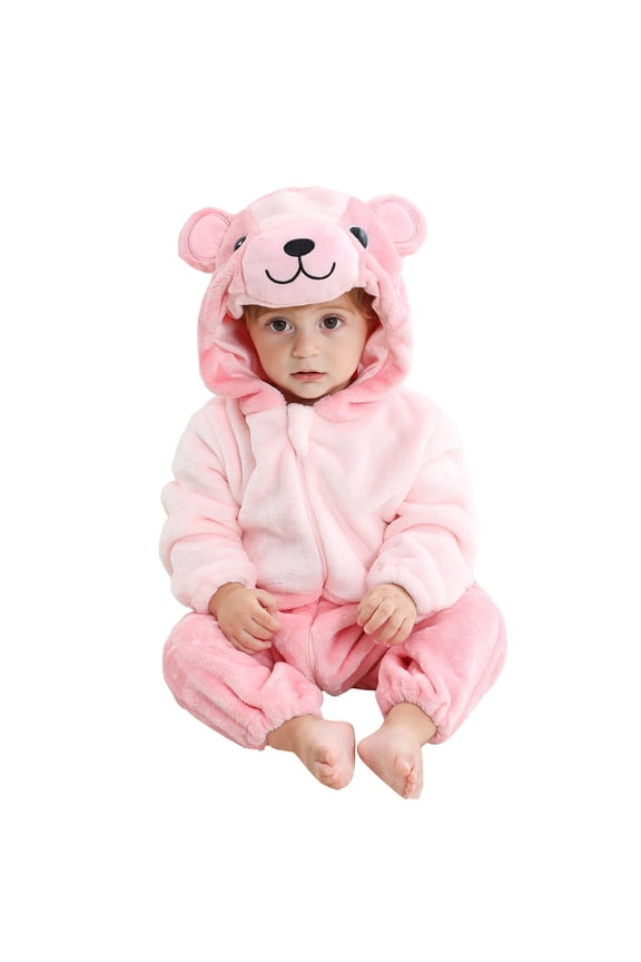 Infant Cute Animal Shaped Rompers Long Sleeve Hooded Jumpsuit Cute Flannel Clothes Rompers Pink