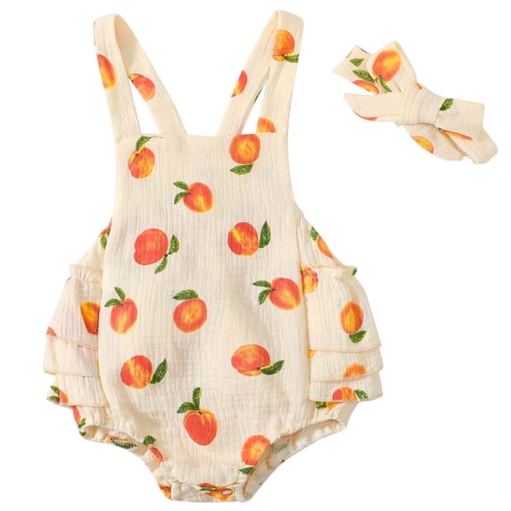 TFEOQRY Infant Girls Bodysuit Set Double Layer Crinkled Peach Printed Romper and Hairband Set Yellow