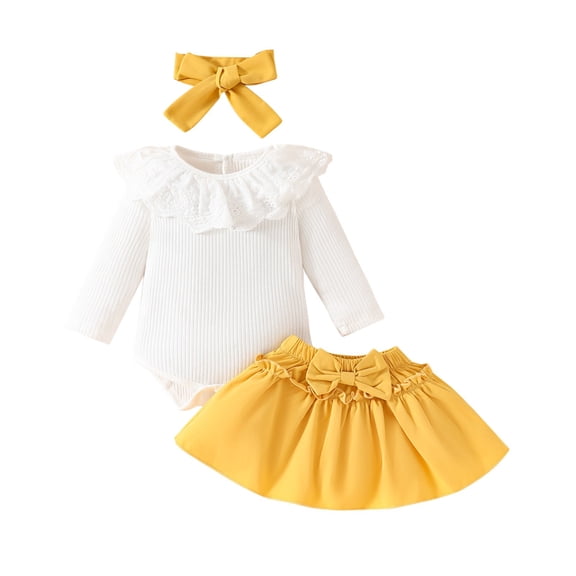 TFEOQRY Infant Girls Cotton Bodysuit Set Long Sleeve Solid Color Bodysuit with Hairband and Dress Sets Yellow