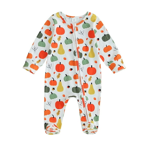TFEOQRY Infant Girls and Boys Cotton Romper Cute Printed Round Neck Zipper Leg Wraps Long Sleeved Jumpsuit Orange