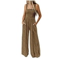 thumbnail image 1 of TFEOQRY Jumpsuit Pants for Women Fashionable Printed Pocket Wide Leg Overall Pants Elastic Waisted Trousers Brown, 1 of 6