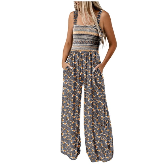 TFEOQRY Jumpsuit Pants for Women Fashionable Printed Pocket Wide Leg Overall Pants Elastic Waisted Trousers Gray
