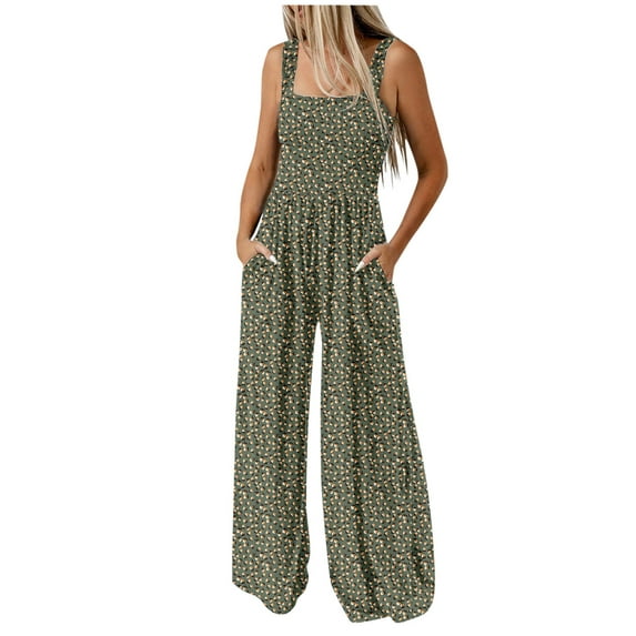 TFEOQRY Jumpsuit Pants for Women Fashionable Printed Pocket Wide Leg Overall Pants Elastic Waisted Trousers Olive Green