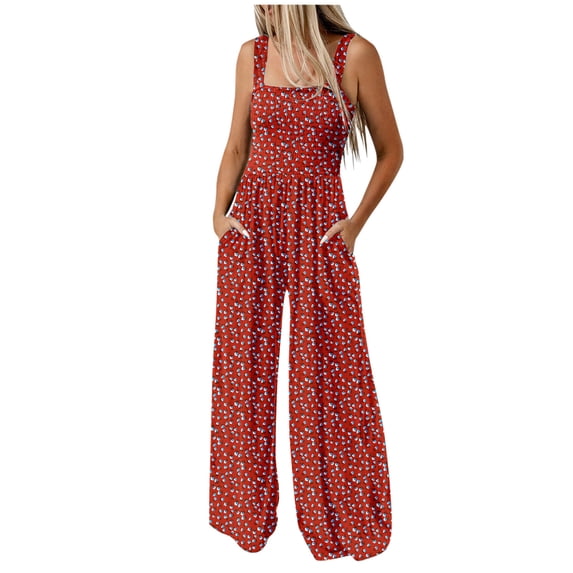 TFEOQRY Jumpsuit Pants for Women Fashionable Printed Pocket Wide Leg Overall Pants Elastic Waisted Trousers Red