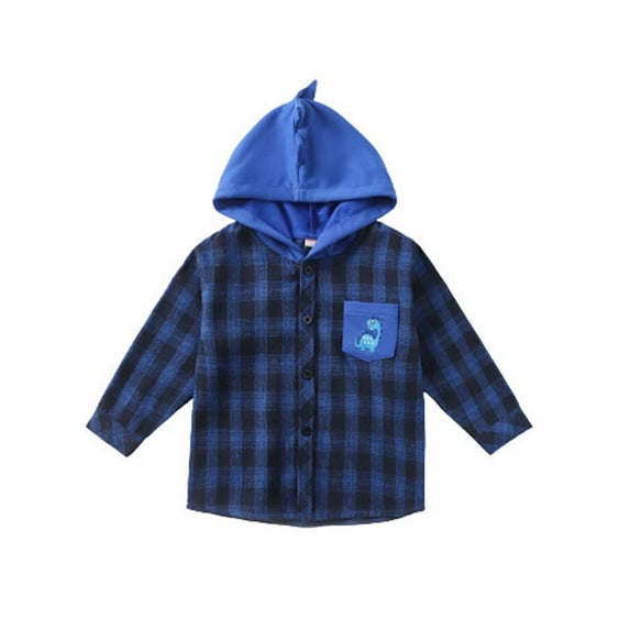 TFEOQRY Kids Boys Plaid Cotton Shirt Toddler Baby Clothes Multicolour Button Long-sleeved Hooded Shirt Blue