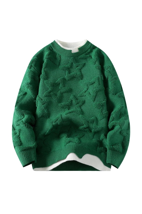 Kids Crew Neck Star Pattern Knit Sweater Fake Two Pieces Long Sleeve Casual Pullover Fall Winter Top Green