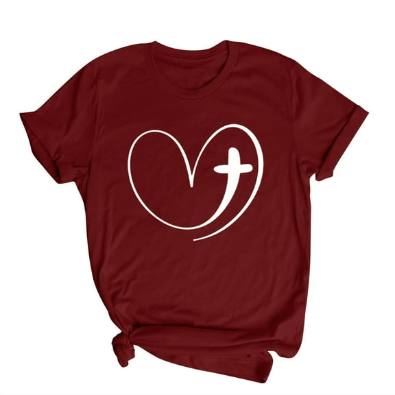 TFEOQRY Ladies' Casual Heart Printed Top Shirts Fashionshort Sleeve Out Blouse Round Neck T-Shirt Tops Burgundy