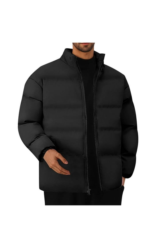 Men Bread Padded Coats Fashion Zippered Stand-Up Solid Color Collar Thermal Bread Padded Jacket Black