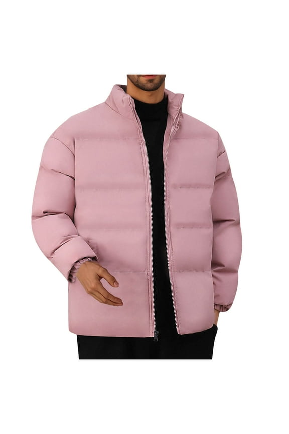Men Bread Padded Coats Fashion Zippered Stand-Up Solid Color Collar Thermal Bread Padded Jacket Pink